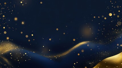 Fototapeta premium Abstract dark blue and gold particle background with Christmas golden light bokeh, shining particles on navy blue, gold foil texture, festive holiday concept