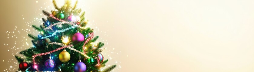 Obraz premium A festive Christmas tree adorned with colorful ornaments and lights, creating a joyful atmosphere.