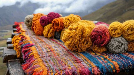 The image showcases vibrant rolls of yarn and a colorful woven textile laid out against a stunning mountain backdrop, capturing the essence of Andean craftsmanship.