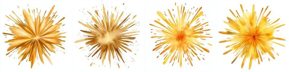 new year fireworks concept. Bright yellow bursts with varying intensity, resembling abstract fireworks or star-like shapes against a white background.