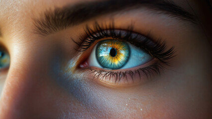 Obraz premium Portrait of a girl with striking blue and golden eyes filled with curiosity against a softly blurred backdrop.