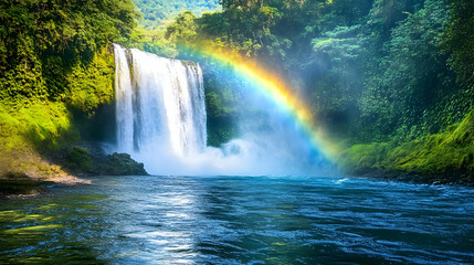 Lush Waterfall Rainbow Nature Scene Illustration