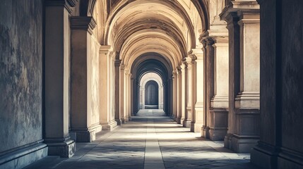 Obraz premium Long corridor with arches and columns creating perspective in historical building
