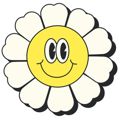 Retro Groovy Flower. Groovy flower cartoon characters. Funny happy daisy with eyes and smile. Sticker pack in trendy retro trippy style. Isolated vector illustration. Hippie 60s, 70s style.