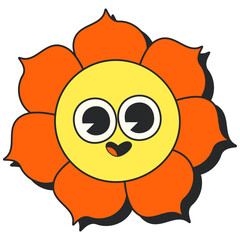 Retro Groovy Flower. Groovy flower cartoon characters. Funny happy daisy with eyes and smile. Sticker pack in trendy retro trippy style. Isolated vector illustration. Hippie 60s, 70s style.