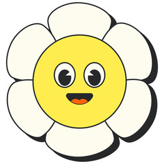 Retro Groovy Flower. Groovy flower cartoon characters. Funny happy daisy with eyes and smile. Sticker pack in trendy retro trippy style. Isolated vector illustration. Hippie 60s, 70s style.