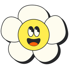 Retro Groovy Flower. Groovy flower cartoon characters. Funny happy daisy with eyes and smile. Sticker pack in trendy retro trippy style. Isolated vector illustration. Hippie 60s, 70s style.