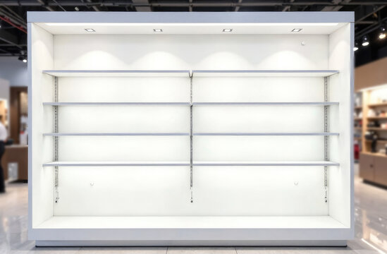 White empty display case with retail shelves