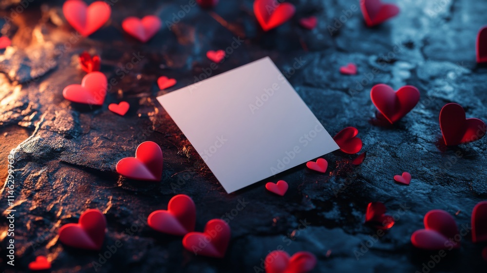 Aufkleber a collection of small red heart decorations surrounds a blank card resting on a dark textured surfac