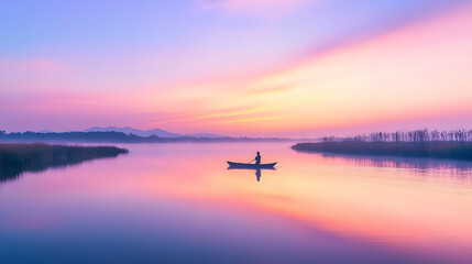 Fototapeta premium Serene Sunrise Landscape: A Peaceful Boat on a Calm Lake
