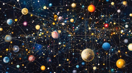 Abstract cosmic network of planets and stars interconnected by lines.