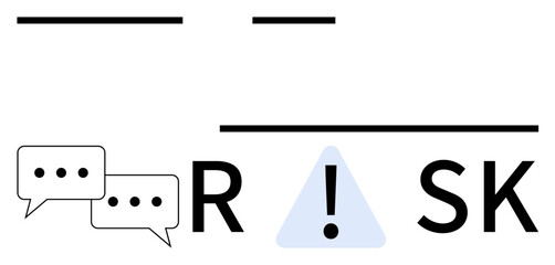 Two chat bubbles, RISK with alert triangle replacing I. Ideal for business, finance, safety, strategy consulting risk assessment warnings. Line metaphor. Line metaphor. Simple line icons