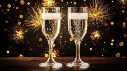 Two champagne flutes filled with bubbly sit on a wooden surface in front of a dark background with golden fireworks and glitter.