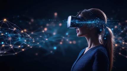 Attractive young european businesswoman with vr glasses using abstract glowing lines interface on dark background. Big data, metaverse and connection concept