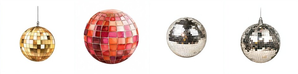Fototapeta premium new year gathering concept. Four shimmering disco balls in various colors hang against a white background, reflecting light and enhancing the festive atmosphere.