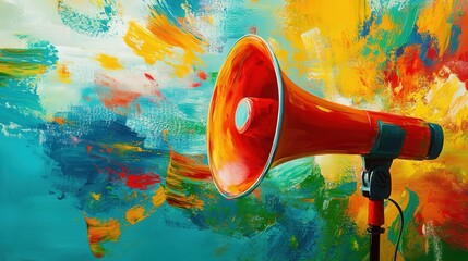 Red Megaphone Against Vibrant Abstract Painted Background