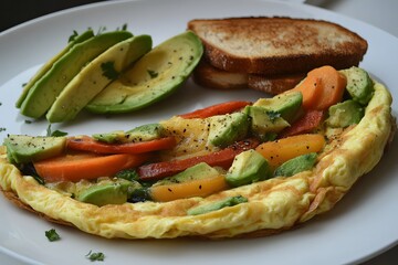Delicious vegetable omelette with avocado, toast.