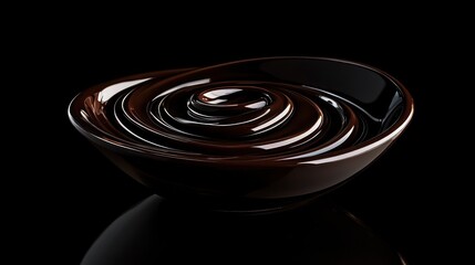 Fototapeta premium Dark chocolate swirls in a glossy bowl on a black background.