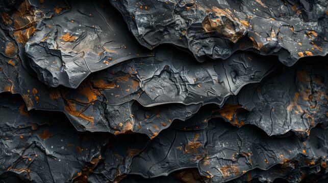 Close-up image shows rock formation resembling layered leaves, with black areas hinting at depth, and orange areas suggesting weathering or mineral deposits.
