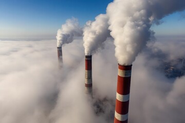 Pm 2.5 industrial concept. Aerial view of industrial smokestacks emitting thick smoke, rising above a blanket of clouds, highlighting environmental concerns and industrial activity.