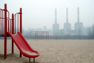 Pm 2.5 industrial concept. A playground slide in the foreground with a hazy industrial background featuring smokestacks, creating a juxtaposition of play and pollution.