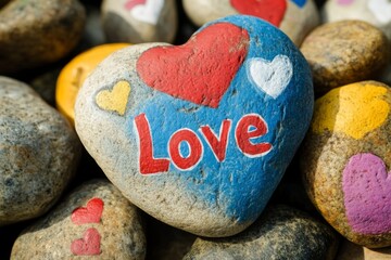 Colorful rocks with drawn word Love and heart designs, Valentine's Day concept 