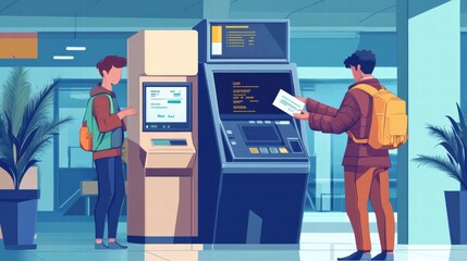 young adults using modern bank atms