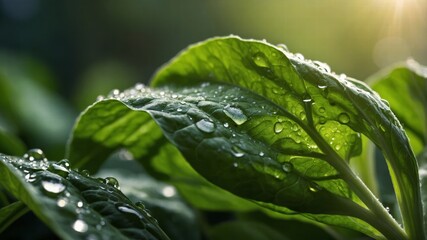 Background from fresh green spinach leaves with water drops. Texture of raw organic baby spinach close up. Food background