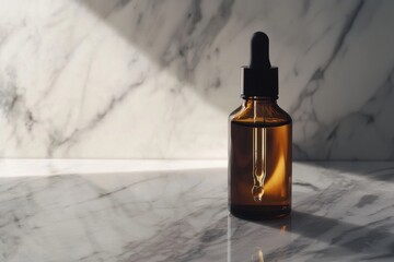 Elegant serum bottle with dropper releasing liquid on marble surface beauty product photography minimalist environment high-contrast lighting for skincare enthusiasts