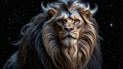 realistic lion head wearing golden crown on dark background. for print, posters, t-shirts, wallpaper