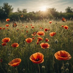 Fototapeta premium A lush meadow with blooming poppies and butterflies floating on the breeze.