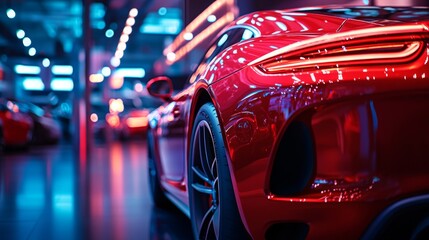 A stunning red sports car captured in vivid detail. The vibrant neon lights enhance its elegant curves and shining surface. Perfect for automotive enthusiasts. Generative AI