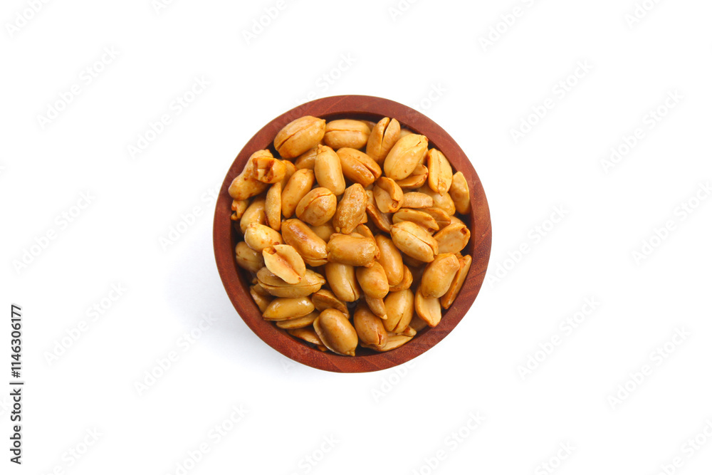 Wall mural Roasted salted peanut on a wooden bowl isolated on white background. Top view