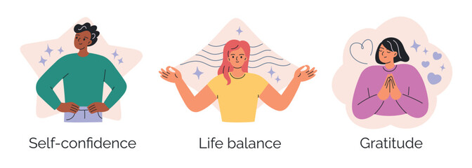 Vector illustration of three positive emotions, self confidence, life balance, and gratitude. Diverse characters with expressive gestures, well being, mindfulness, and positivity in flat cartoon style