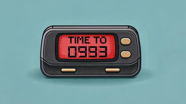 Analog Aesthetic A pager with a chunky design set against a light gray background showing a bright red pixelated text that says TIME TO CHAT. The contrast adds to its nostalgic