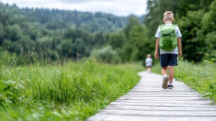 Fototapeta premium A young boy with a green backpack walks along a wooden boardwalk path winding through a lush green meadow towards a forest.