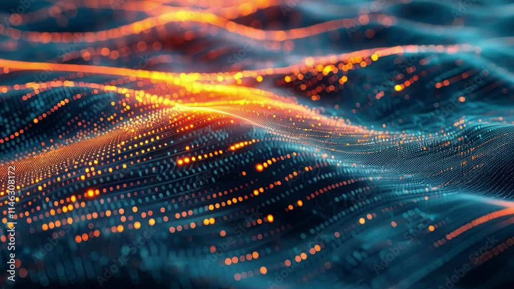 Poster big data visualization creating a dynamic, wavy landscape filled with glowing dots, illustrating the