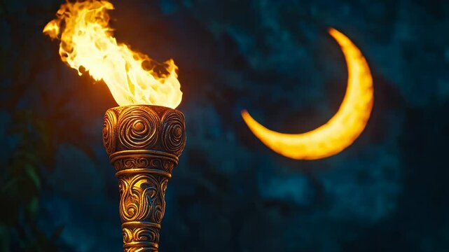 A decorative torch with intricate carvings, standing tall against a backdrop of a glowing crescent moon