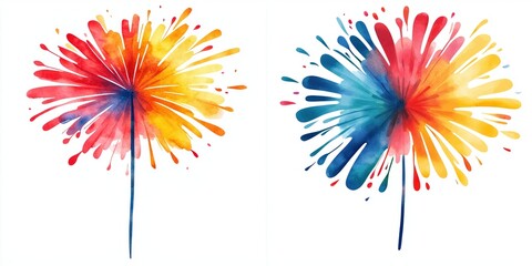 new year midnight concept. Two vibrant watercolor flowers burst with colors, featuring shades of orange, yellow, blue, and red, creating a lively and artistic display.