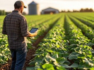 Agricultural engineer walking through soybean field, checking tablet data, warm summer sunlight with long shadows and distant barns

