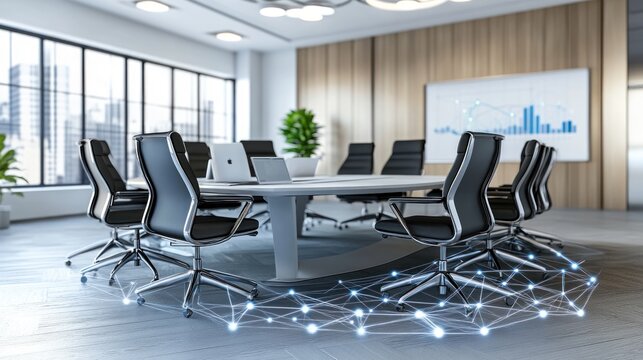 Modern conference room with circular table, chairs, and network visualization on floor.