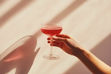 Elegant hand holding a pink cocktail against a soft background with shadows