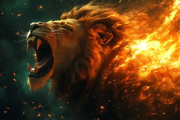 Fierce Lion Roaring Amidst Flames