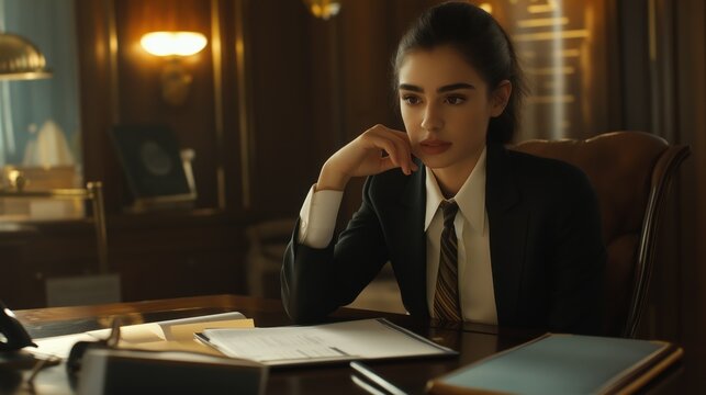Young and beautiful woman wearing formal attire sits at her desk in office looking down with one hand resting on chin as she looks over documents in front