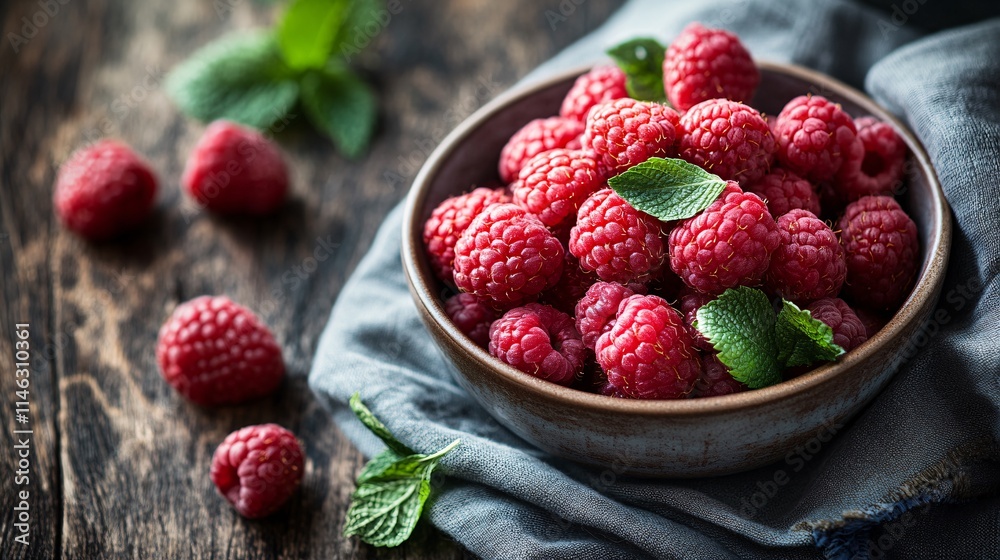 Poster fresh raspberries and mint leaves resting in a bowl on rustic wooden table