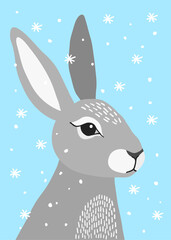 A hand-drawn drawing of a grey rabbit in wildflowers