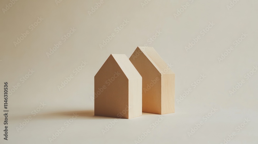 Poster two wooden house-shaped blocks on a neutral background, symbolizing home and architecture.
