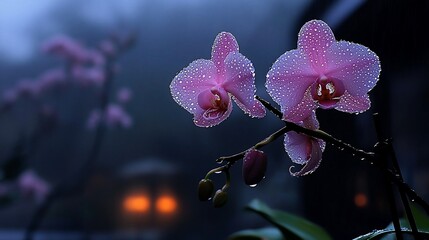 Two pink orchids covered in dew drops at dusk.