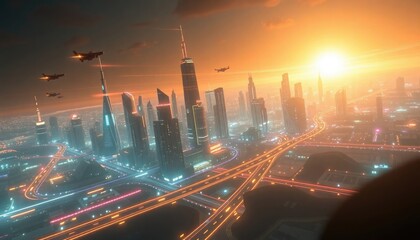 Fototapeta premium 4K HD Wallpapers Glowing Futuristic City Skyline With Flying Vehicles And Light Trails. Desktop Wallpaper HD. HD Backgrounds