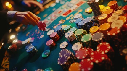 casino poker chips on green table